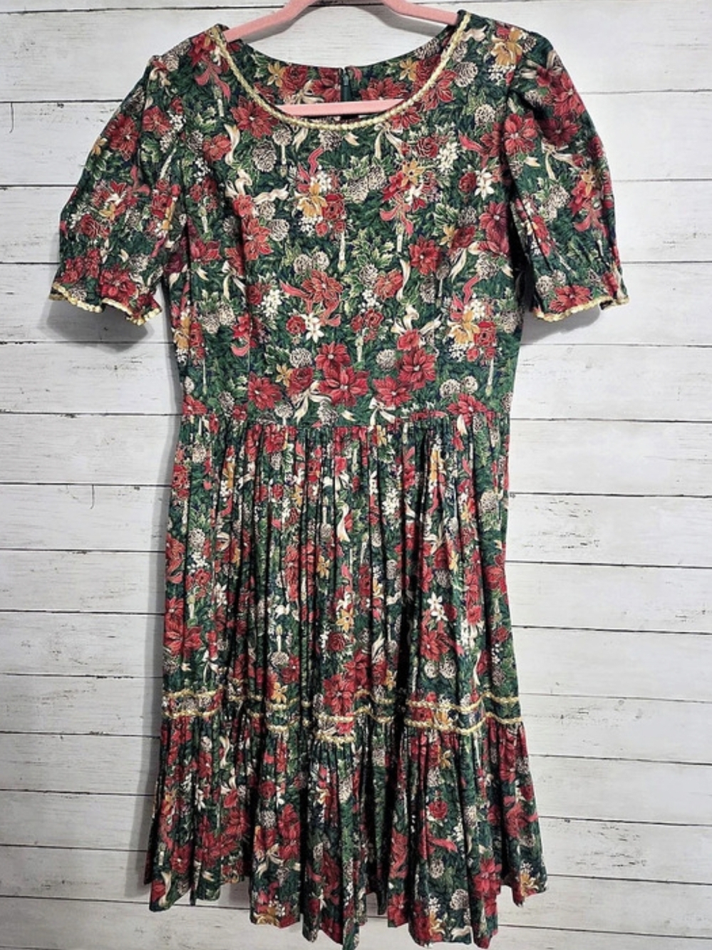 Floral Midi Prarie Dress  Green Red Gold Pinecones Cottagecore Holiday Homemade